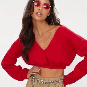 Red Crop Off Shoulder Sweater